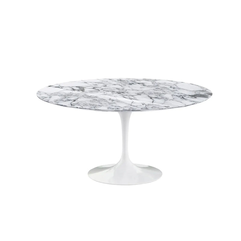 Knoll Saarinen Tulip rundt Spisebord med hvit base og arabescato marmor plate Ø152